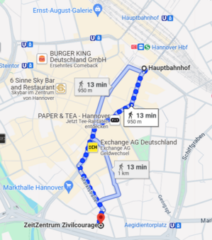 Ausschnitt Google Maps der Wegbeschreibung vom Hauptnahnhof Hannover zum ZeitZentrum Zivilcourage